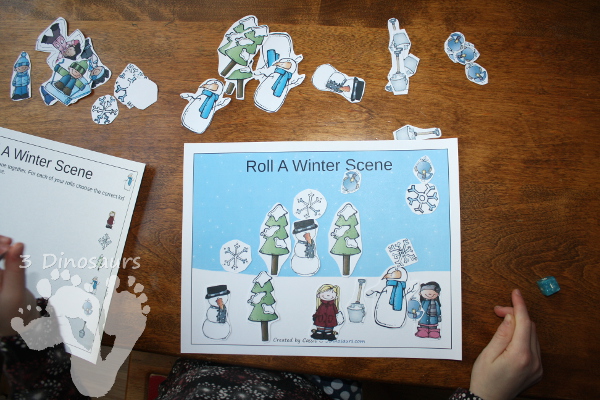 Free Roll A Winter Scene Printable - 3 Levels of learning: counting, addition, and multiplication - 3Dinosaurs.com