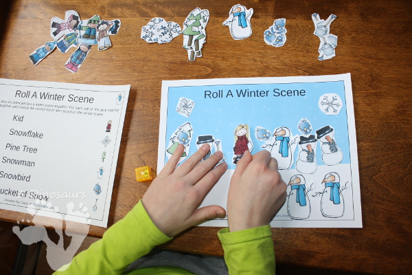 Free Roll A Winter Scene Printable - 3 Levels of learning: counting, addition, and multiplication - 3Dinosaurs.com