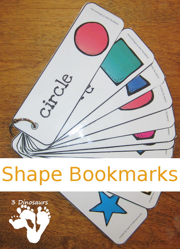Free Shape Bookmarks - 12 different shapes on each bookmark. You have shape and shape word on each bookmark. There are four bookmarks on each page. 3Dinosaurs.com