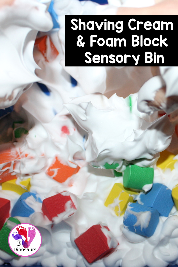 Shaving Cream and Foam Blocks Sensory Play - an easy to set up sensory play that can be done inside or outside with kids. It takes just a minute to set up with the shaving cream being the longest part. This is great for kids in preschool, prek, and kindergarten.  3Dinosaurs.com