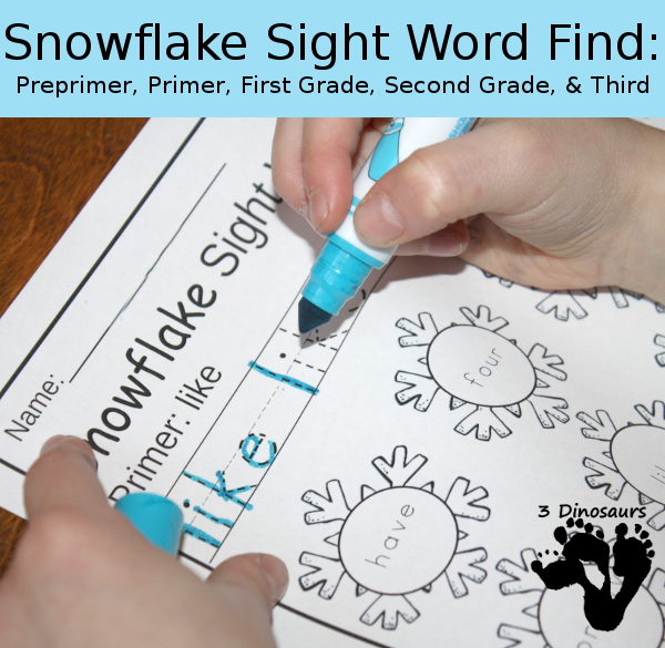 Snowflake Sight Word Find: Preprimer, Primer, First Grade Second Grade and Third Grade - trace & dot the word - 3Dinosaurs.com