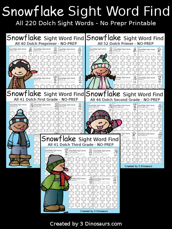 Snowflake Sight Word Find: Preprimer - trace & dot the word - 3Dinosaurs.com