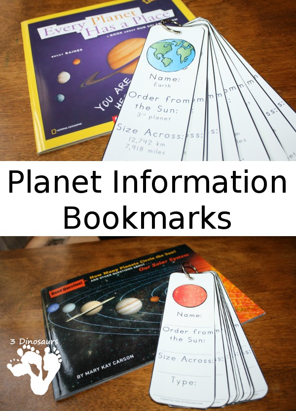 Free Planet Information Bookmarks with the sun, 8 planets and Pluto - two types to pick from - 3Dinosaurs.com