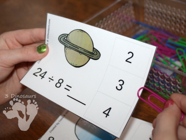 Free Hands-On Space Themed Division Clip Cards - 12 pages with one page for each number 1 through 12 - 3Dinosaurs.com