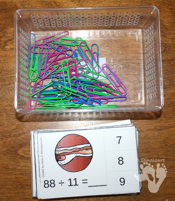 Free Hands-On Space Themed Division Clip Cards - 12 pages with one page for each number 1 through 12 - 3Dinosaurs.com