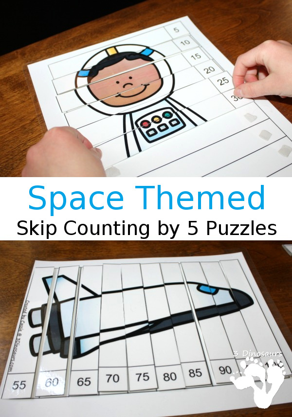 Free Fun Space Skip Counting by 5 Puzzles - 4 pages of puzzles with template - 3Dinosaurs.com