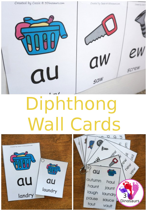 Easy To Use Diphthong Wall Cards - two different card sizes and types: a free set and a selling set options for the cards - 3Dinosaurs.com #wallcards #learningtoread 