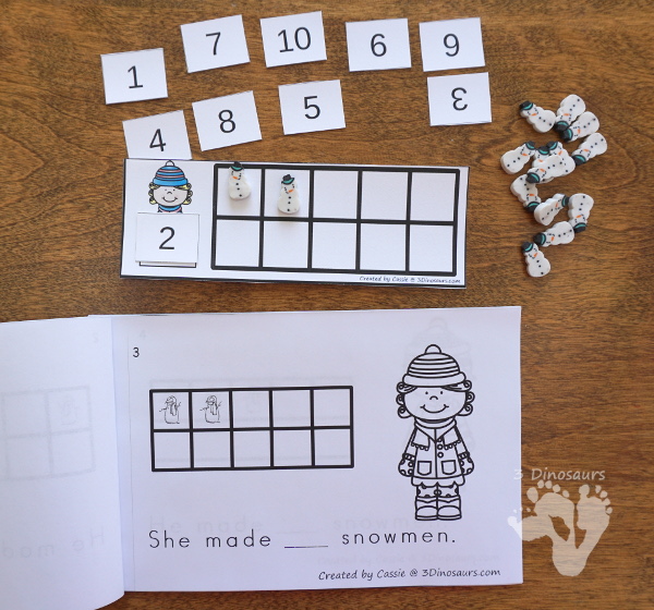 Snowman & Snowflake Themed Ten Frame Printables: No-Prep & Hands-On - 168 pages of printables working on ten frame activities for numbers 1 to 20 with hands-on and no-prep: cards, worksheets and easy reader books - 3Dinosaurs.com #handsonmath #teacherspayteachers #tenframe #winterprintablesforkids #printablesforkids