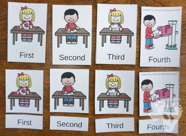 Two Fun Valentines Sequencing Sets: Making a Valentines and How To Mailing a Valentine -  with clip cards, task cards, no-prep worksheets and easy reader books $ - 3Dinosaurs.com #printablesforkids #sequencingforkids  #valetninesprintables #tpt #teacherspayteachers