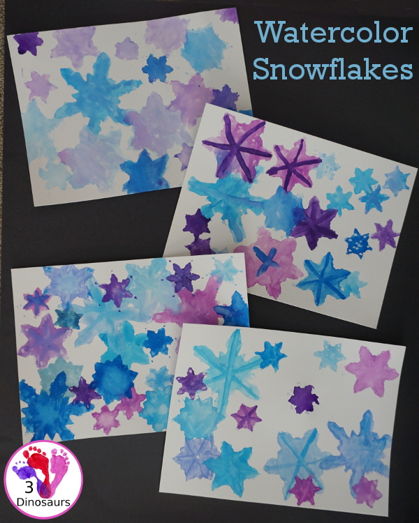 Fun to Make Watercolor Snowflakes - make fun snowflake themed painting using cookies cutters - 3Dinosaurs.com #watercolorforkids #cookiecuttes #paintingforkids #finemotorskills #winteractivitiesforkids