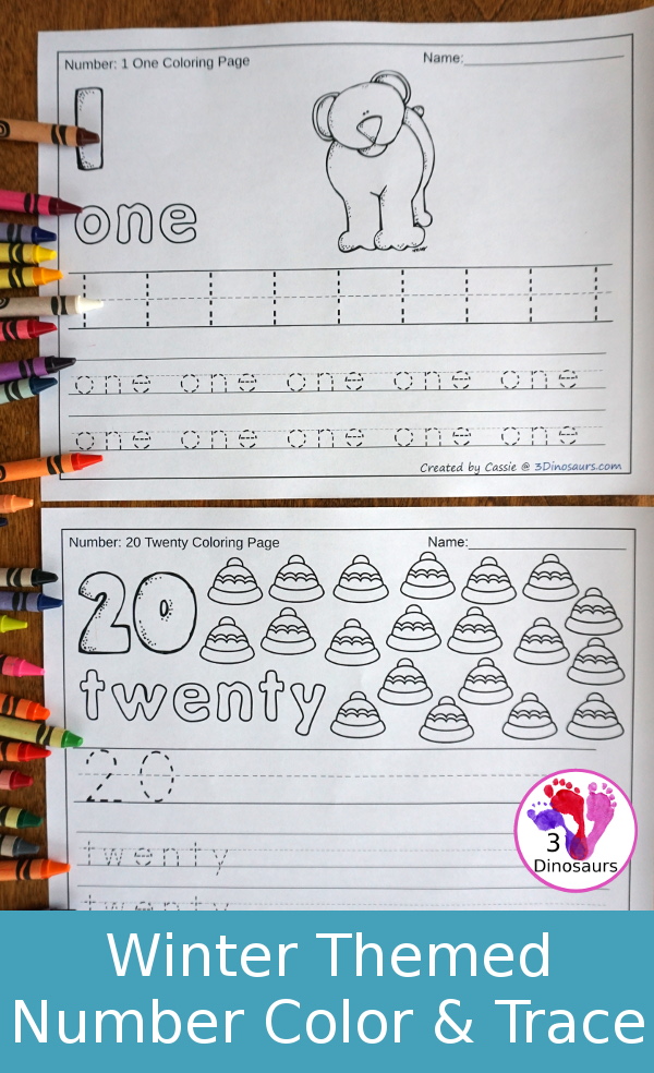 No-Prep Winter Themed Number Color and Trace - easy no-prep printables to work on numbers. Each set has 44 pages with two options for the numbers tracing or writing $ - 3Dinosaurs.com #noprepprintable #winterprintables #numbersforkids