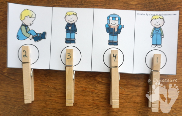 Winter Sequencing Sets -  with clip cards, task cards, no-prep worksheets and easy reader books $ - 3Dinosaurs.com #printablesforkids #sequencingforkids #winterprintables #tpt #teacherspayteachers