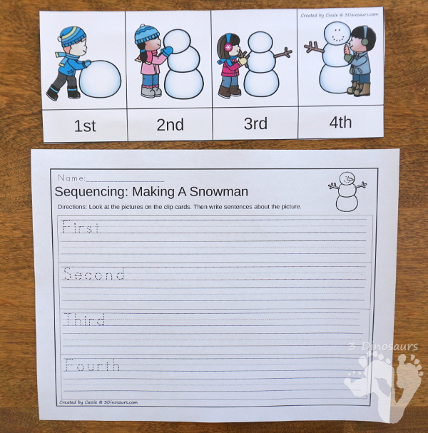 Winter Sequencing Sets -  with clip cards, task cards, no-prep worksheets and easy reader books $ - 3Dinosaurs.com #printablesforkids #sequencingforkids #winterprintables #tpt #teacherspayteachers