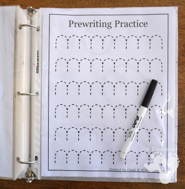 Free Prewriting Practice Printables - reusing pages in sheets protectors to reuse pre-writing pages - 3Dinosaurs.com