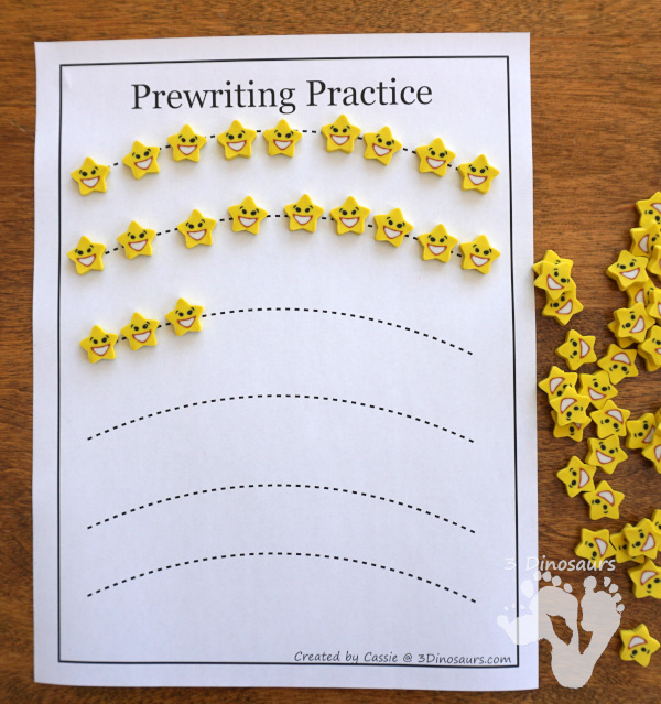 Free Prewriting Practice Printables - using small items on the prewriting lines for kids who don't like writing - 3Dinosaurs.com