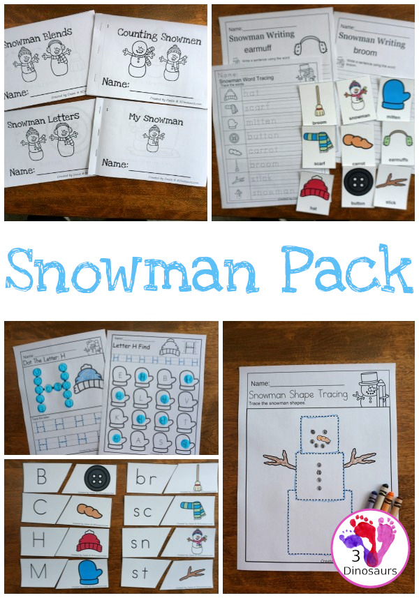 Snowman Themed Pack for PreK and Kindergarten with 150 pages of activities, cards, easy reader books and no-prep printables - 3Dinosaurs.com