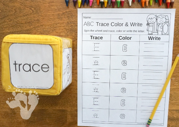 Trace, Color, & Write: ABCs, Numbers & Shapes - easy activities to work on write and drawing for kids. With an interactive element of spinning to see which you do - 3Dinosaurs.com
