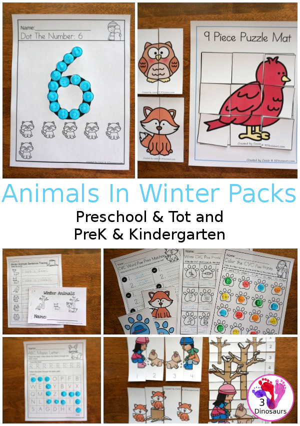 Animals in Winter Packs - Two level of packs: Preschool & Tot and PreK & Kindergarten - with loads of activities that work on abcs, numbers, math counting and more - Each pack has a mix of hands-on and no-prep activities - 3Dinosaurs.com