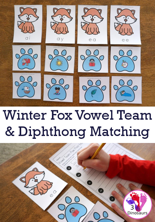 Free Winter Fox Vowel Team and Diphthong sorting and recording sheet - with 2 matching cards for each vowel type and 3 different recording sheets - 3Dinosaurs.com