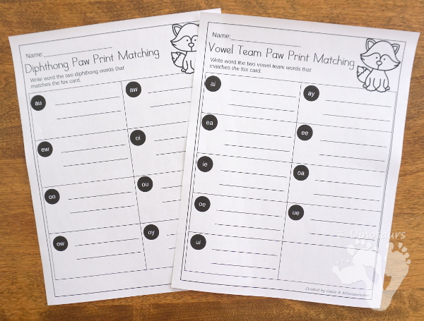 Free Winter Fox Vowel Team and Diphthong sorting and recording sheet - with 2 matching cards for each vowel type and 3 different recording sheets - 3Dinosaurs.com
