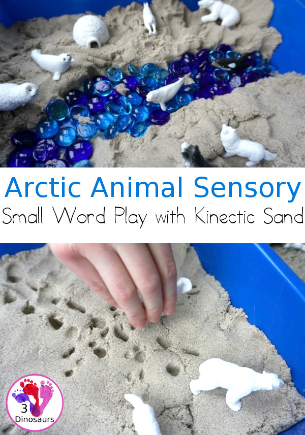 Kinetic Sand Arctic Animals Themed Sensory Bin - a fun small play sensory bin for the arctic animals with glass gems, arctic toob and kinetic sand - 3Dinosaurs.com