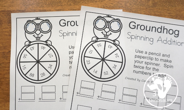 Free Groundhog Spinning Addition - Easy No-Prep Printable - 3 levels of math with single, double and triple numbers - 3Dinosaurs.com