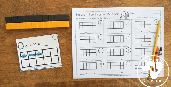 Free Penguin Addition Ten Frame Cards - 2 sets of cards with matching recording sheet. These are great for individual practice or a math center  - 3Dinosaurs.com