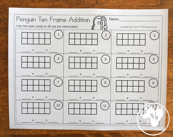 Free Penguin Addition Ten Frame Cards - 2 sets of cards with matching recording sheet. These are great for individual practice or a math center  - 3Dinosaurs.com