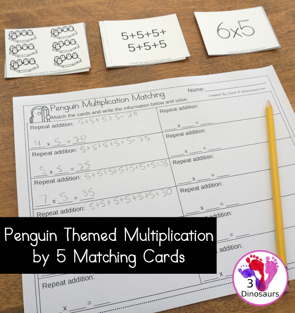Free Penguin Multiplication by 5s Matching Cards - 1 to 12 multiplication by 5 matching three ways with matching worksheet  - 3Dinosaurs.com