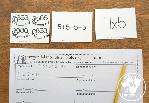 Free Penguin Multiplication by 5s Matching Cards - 1 to 12 multiplication by 5 matching three ways with matching worksheet  - 3Dinosaurs.com