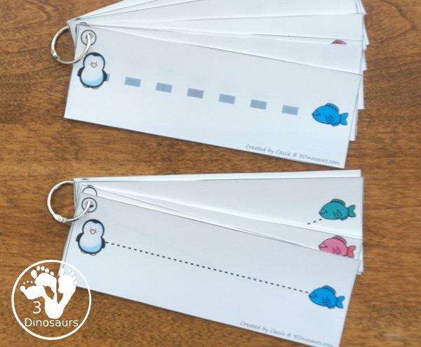 Penguin Activities Pack for Prewriting, Shapes, ABCs, and Numbers - 2 sets fo prewriting tracing strips with thick line and thin dotted line - 3Dinosaurs.com