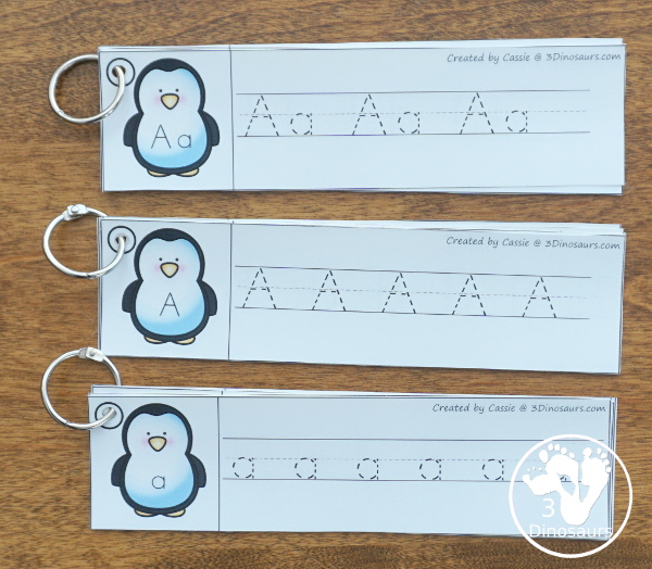 Penguin Activities Pack for Prewriting, Shapes, ABCs, and Numbers - ABC themes tracing strips with three types of tracing options - 3Dinosaurs.com