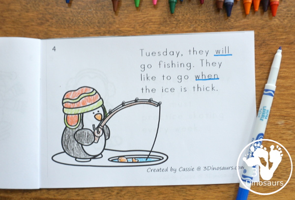 Free My Penguin Activities Easy Reader Book - with sight words they, will and Monday through Friday for calendar words  - 3Dinosaurs.com