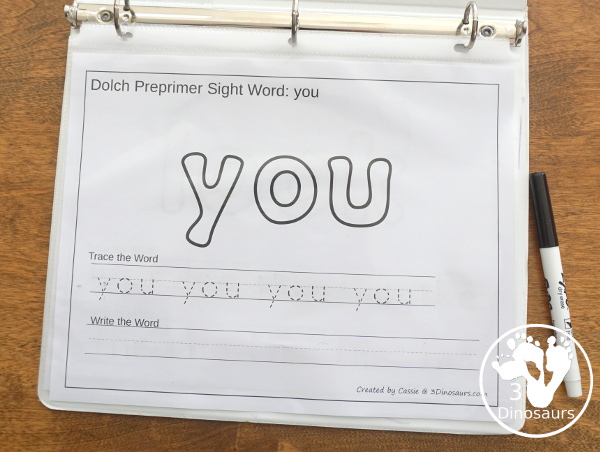 Free Preprimer Sight Words Playdough Mats with Tracing - It has all 40 words from Preprimer sight words list  with a playdough area, tracing the sight word and writing the word for each sight word - 3Dinosaurs.com