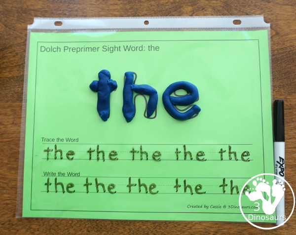 Free Dolch Preprimer Sight Words Playdough Mats with Tracing - It has all 40 words from Dolch Preprimer sight words list  with a playdough area, tracing the sight word and writing the word for each sight word - 3Dinosaurs.com
