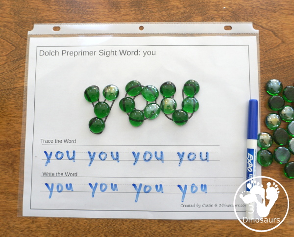 Free Dolch Preprimer Sight Words Playdough Mats with Tracing - It has all 40 words from Dolch Preprimer sight words list  with a playdough area, tracing the sight word and writing the word for each sight word - 3Dinosaurs.com