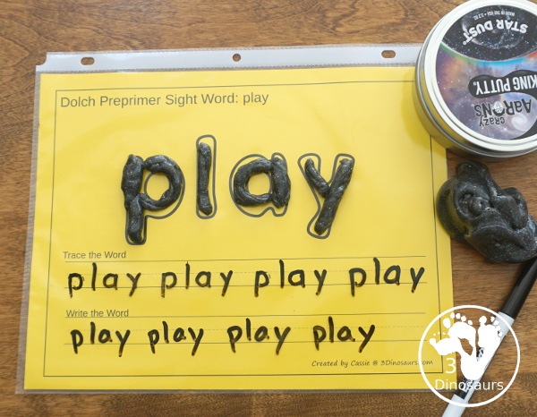 Free Dolch Preprimer Sight Words Playdough Mats with Tracing - It has all 40 words from Dolch Preprimer sight words list  with a playdough area, tracing the sight word and writing the word for each sight word - 3Dinosaurs.com