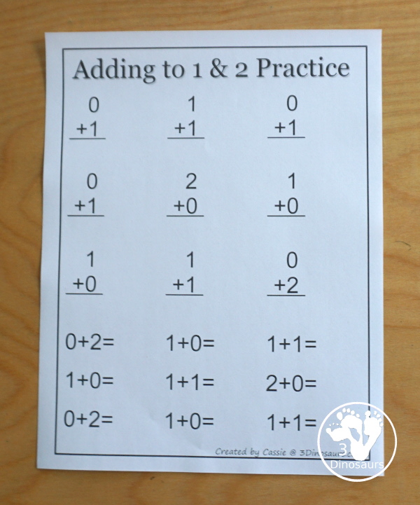 Free Addition: Ways to Add 1, 2, 3 - fun math printables that work on learning to add up to a number and the set starts with adding to 1, 2 and 3 - 3Dinosaurs.com