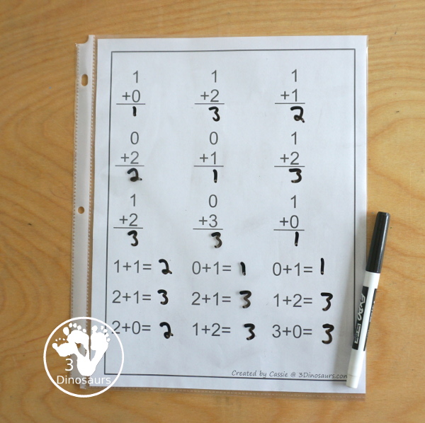 Free Addition: Ways to Add 1, 2, 3 - fun math printables that work on learning to add up to a number and the set starts with adding to 1, 2 and 3 - 3Dinosaurs.com