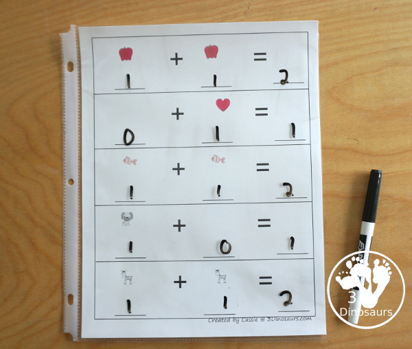 Free Addition: Ways to Add 1, 2, 3 - fun math printables that work on learning to add up to a number and the set starts with adding to 1, 2 and 3 - 3Dinosaurs.com