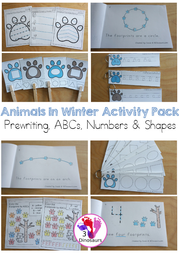 Animals In Winter Activities Pack for Prewriting, Shapes, ABCs, and Numbers - 189 pages of activities with no-prep, easy reader books, clip cards and tracing strips. All to help have fun during the winter or forest theme with easy to prepare or low prep activities that all work together- 3Dinosaurs.com