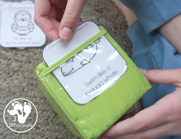 Free Arctic Animals Themed Gross Motor Dice to get kids moving and have fun with easy gross motor animals movements for the arctic animals. This is a fun change-up and great for doing polar bear walks, swimming like a beluga whale, and more - 3Dinosaurs.com