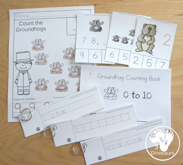 Groundhog Pack for Numbers - three sets of number clip cards, number easy reader book, three number tracing strips, number no-prep tracing and number coloring pages  - 3Dinosaurs.com