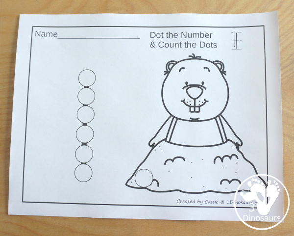 Groundhog Dot the Number Count the Number - easy way to work on numbers from 0 to 20 with fine motor work and counting with this great for Groundhog Day themed for PreK and Kindergarten - 3Dinosaurs.com