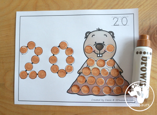 Groundhog Dot the Number Count the Number - easy way to work on numbers from 0 to 20 with fine motor work and counting with this great for Groundhog Day themed for PreK and Kindergarten - 3Dinosaurs.com