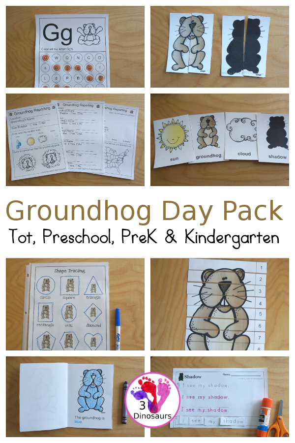 Free Groundhog Day Packs - two level of learning packs for Tot, Preschool, Prek, and Kindergarten with cards, puzzles, writing, matching, Groundhog Day Recording sheets and more- 3Dinosaurs.com