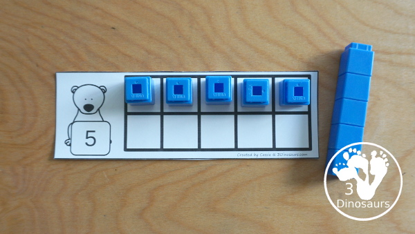 Free Polar Bear Themed Ten Frame Cards with numbers from 1 to 10 with two types of cards - shows ways to use one to one matching for numbers - 3Dinosaurs.com
