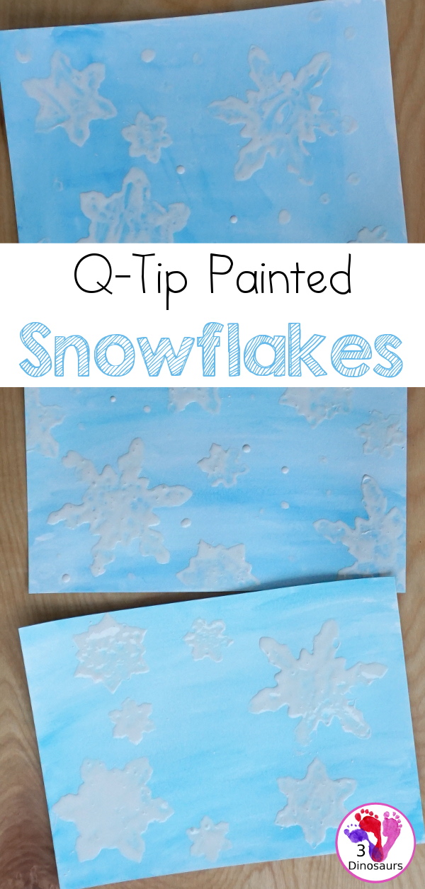 Snowflake Q-Tip Painting - a fun mixed art project that kids can do to paint snowflakes - 3Dinosaurs.com
