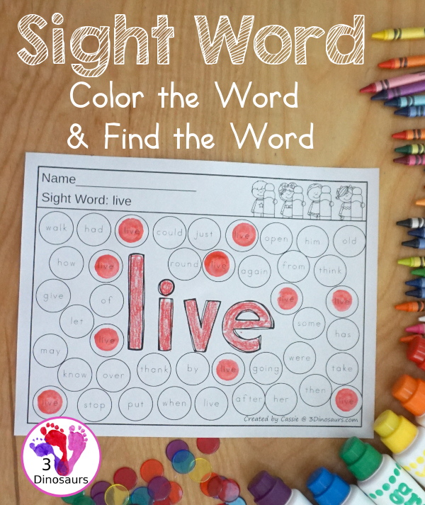 Sight Word Color The Word & Find the Word - with all 220 sight words for kids to work on learning. They color the word and then find the sight word  - 3Dinosaurs.com