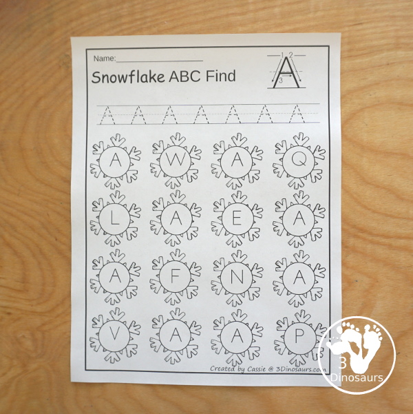 Snowflake Themed ABC Letter Find: It has all the letters of the alphabet with uppercase and lowercase options with tracing - 3Dinosaurs.com